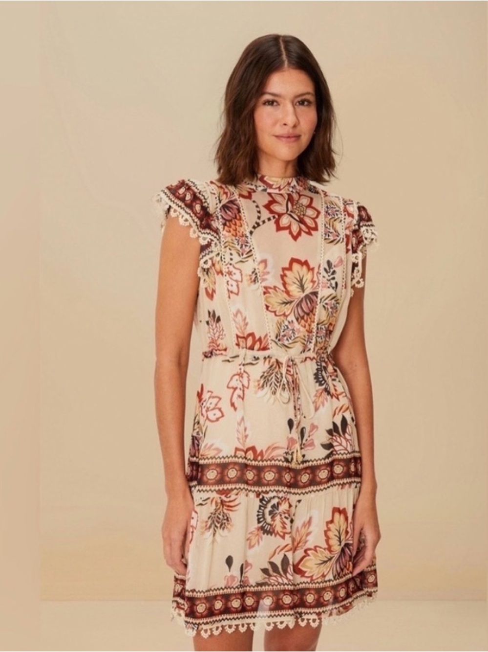 New FARM Rio Aura Floral Sand Mini Dress Small Boho Chic Summer Vacay Delicate